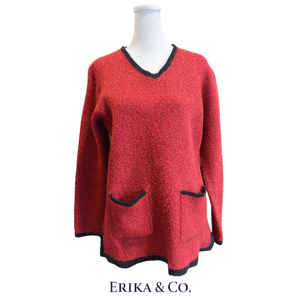 Vintage Erika & Co. Women's V-Neck Red WOOL  Blend Sweater
